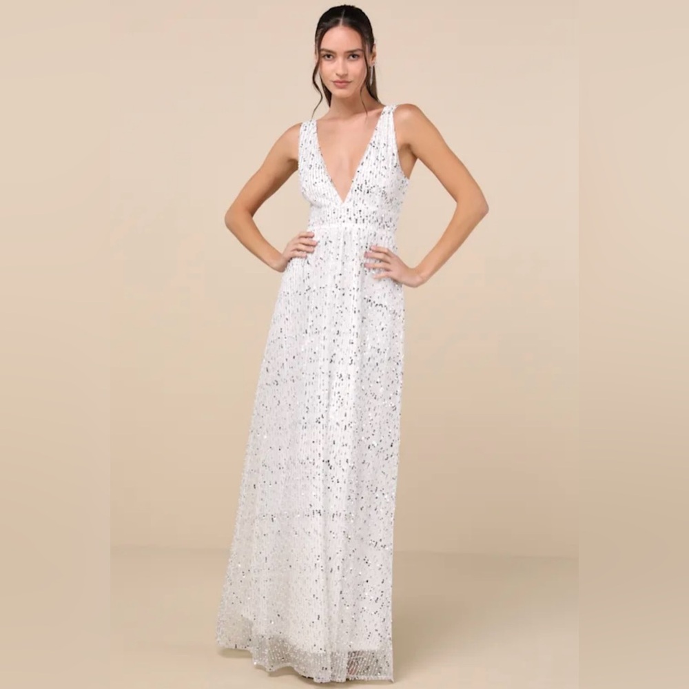 Lulu's Elegant Solita White Sequin Mesh Sleeveless Maxi Dress Bridal Medium